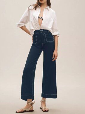 The Colette Contrast-Stitch Linen Crop Wide-Leg Pants by Maeve